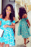 Short Off-shoulder Blue Lace Satin Homecoming Dress