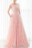 Pink Lace Round Neck A Line Long Prom Dress For Teens Graduation Dress