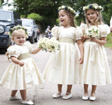 Vintage Juliet Sleeves Round Neck Satin Tea Length Flower Girl Dress