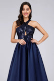 Halter Sequin Navy Blue Prom Dress Backless Satin Long Evening Dress P1173