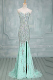 Sexy Mermaid Rhinestones Sweetheart Front Split Mint Chiffon Prom Dresses UK PH620