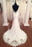 Spaghetti Strap V-Neck Vintage Lace Mermaid Backless Appliques Jersey Beach Wedding Dress PM882