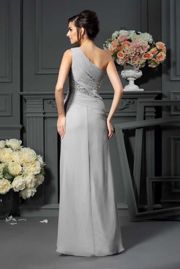 Elegant A-Line Grey One Shoulder Sleeveless Beads Slit Chiffon Mother of the Bride Dresses uk PH224