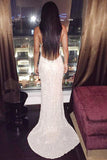 Mermaid Deep V-Neck Sweep Train Backless Criss-Cross Straps Ivory Sequined Prom Dresses uk