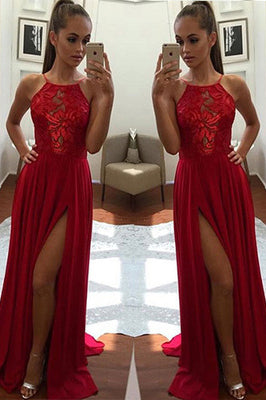 Sexy Unique Red A-Line Halter Split-Front Evening Dress,Chiffon Sleeveless Long Prom Dresses uk PH253