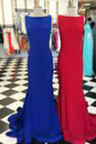 Bateau Neck Sleeveless Sweep Train Royal Blue / Red Prom Dress Backless