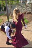 Charming High Neck Burgundy Long Sleeve Lace Mermaid Open Back Prom Dresses uk PH482