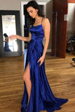 A-Line Halter Backless Blue Sleeveless Criss Cross Beteau Sleeveless Satin Prom Dresses with Split PH402