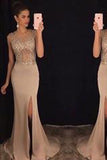 Elegant Round Neck Mermaid Chiffon Beads Long Slit Prom Dress