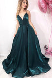 Long Green Spaghetti Straps V Neck Satin Prom Dresses, Evening Party Dresses P1491