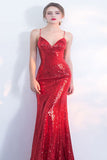 Sexy V-Neck Red Mermaid Spaghetti Straps Sparkly Backless Sleeveless Sequins Evening Dresses uk PH242