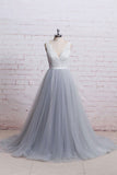 A-Line V-Neck Ivory Lace Bodice Grey Tulle Skirt Chapel Train Appliques Wedding Dress PM287