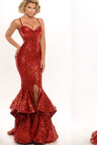 Spaghetti Straps Red Sequin Long Mermaid Front Slit Sparkle Long Prom Dresses uk PM520