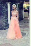 A-Line Strapless Lace Appliqued Floor-length Blush Pink Beaded Tulle Prom Dresses uk PM313