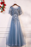 Elegant A Line Gray Blue Tulle Long Appliques Prom Dress Dance Dress P1553