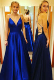 A Line Spaghetti Straps V-Neck Prom Dress with Pockets Backless Long Dance Dress P1380