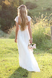 Beach A-Line Cap Sleeves Backless Lace Summer Scoop Open Back Ivory Wedding Dress PM700