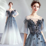 A Line Half Sleeves Tulle Long Ombre Prom Dress with Appliques Blue Evening Dress P1246