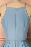 A Line Blue Halter Sleeveless Satin Knee Length Homecoming Dresses