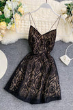 A Line Spaghetti Straps Lace V-Neck Navy Blue Homecoming Dress Sweet 16 Dress H1350