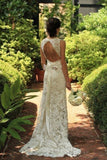 Sheath Sleeveless Open Back Mermaid Lace V-neck Sweep Train Wedding Dresses UK PH292