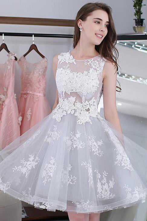 Knee-length Sleeveless Short Cute A-line Lace Appliques Tulle Homecoming Graduation Dress PM252