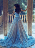 A-Line Square Chapel Train Sleeveless Blue Tulle Wedding Dress with Appliques Sash PM336