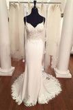 Spaghetti Strap V-Neck Vintage Lace Mermaid Backless Appliques Jersey Beach Wedding Dress PM882