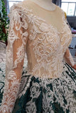 Green Long Sleeves Ball Gown Lace Prom Dresses with Appliques Long Quinceanera Dresses P1137