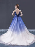 Royal Blue Ombre V-Neck Tulle Long Prom Dress Ball Gown