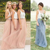 Junior Off Shoulder Scoop Neck Blush Pink Tulle Long Bridesmaid Dresses PH612