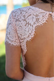 Blush Pink Sweetheart Maxi Dress Open Back Lace Sleeve Beach Wedding Guest Dress BD1043