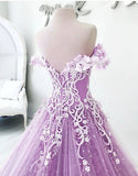 Ball Gown Off the Shoulder V Neck Tulle Lavender Beads Prom Dress Quinceanera Dress P1427