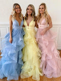 A Line Yellow Multi-layered Polka Dot Organza Sweet 16 Long Prom Dresses P1495