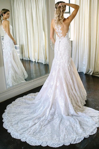 Charming Mermaid Ivory Sleeveless Lace Wedding Dresses with Appliques W1196