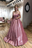 Unique A-line Pink Sequins Spaghetti Straps Prom Dresses Evening Dresses P1474