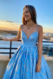 A Line Spaghetti Straps Blue Lace V-Neck Prom Dress P1385