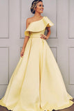 Elegant A Line One Shoulder Long Satin Prom Dress Daffodil Party Dress with Ruffles P1556