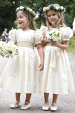 Vintage Juliet Sleeves Round Neck Satin Tea Length Flower Girl Dress