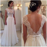 A-line Round Neckline Chiffon Lace Long Open Back Sleeves Wedding Dress