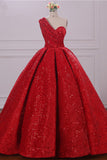 Ball Gown One Shoulder Sequins Red Sweetheart Prom Dresses Quinceanera Dresses PW39