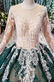 Green Long Sleeves Ball Gown Lace Prom Dresses with Appliques Long Quinceanera Dresses P1137