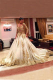 Gold Lace Long Sleeves V-Neck Beading Chapel Train Ball Gown Wedding Dresses,F292