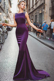 Sexy Sheath Column Regency Long Cheap Satin Mermaid Purple Beads Prom Dresses UK PH506