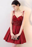 A Line Burgundy V Neck Lace Spaghetti Straps Short Prom Dresses,Homecoming Dresses uk PH966