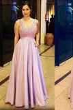 Elegant V-Neck Lavender Satin A Line Beading Long Prom Dress